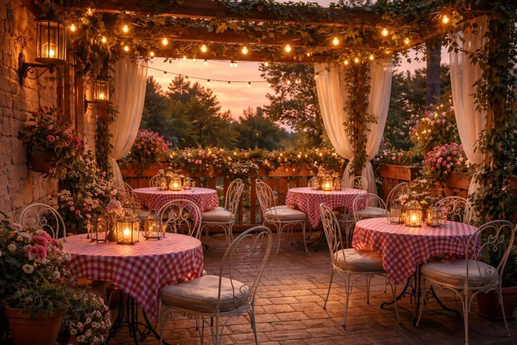 créez une terrasse guinguette romantique avec des guirlandes solaires et du mobilier bistrot pour des soirées conviviales et chaleureuses en plein air.