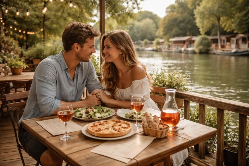 découvrez un déjeuner guinguette romantique à petit budget avec des menus savoureux, en terrasse au bord de la marne et de la seine pour un moment d'amour au cœur de la nature.