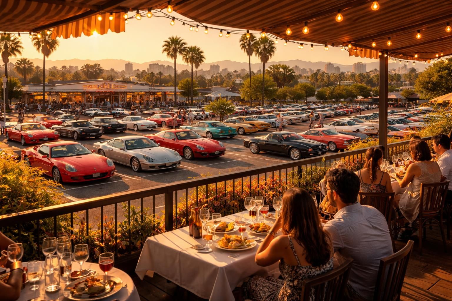découvrez notre restaurant avec terrasse offrant une vue imprenable sur un parking exceptionnel de voitures de collection ferrari, porsche et vintage américaines, pour une expérience unique alliant gastronomie et passion automobile.