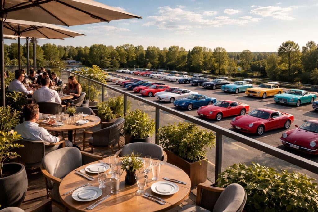 découvrez notre restaurant avec terrasse offrant une vue imprenable sur un parking d'exception, mettant en scène une collection unique de voitures ferrari, porsche et voitures vintage américaines.