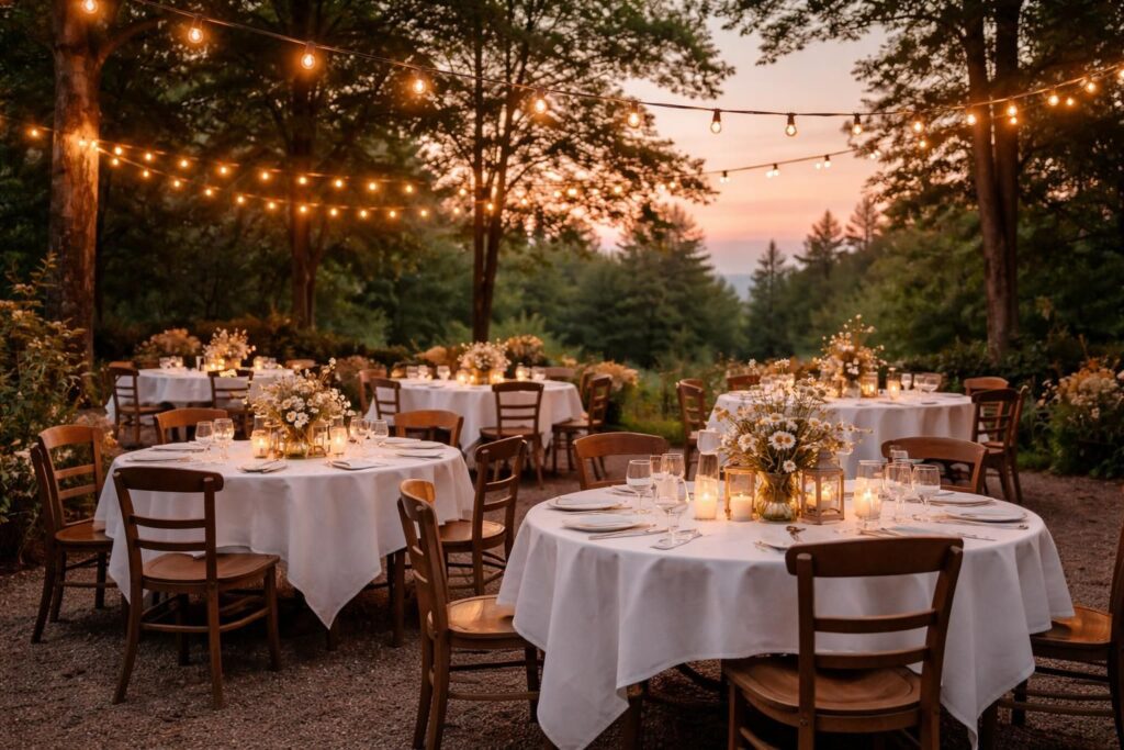 découvrez comment sublimer une guinguette romantique grâce à des guirlandes lumineuses et aux nappes blanc des vosges pour une ambiance chaleureuse et élégante.
