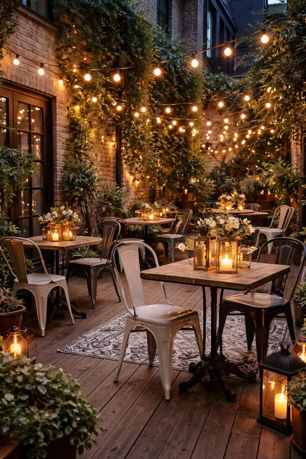 découvrez une terrasse romantique équipée de guirlandes guinguette chaleureuses et du mobilier bistrot tolix, parfaite pour des moments conviviaux et élégants en plein air.