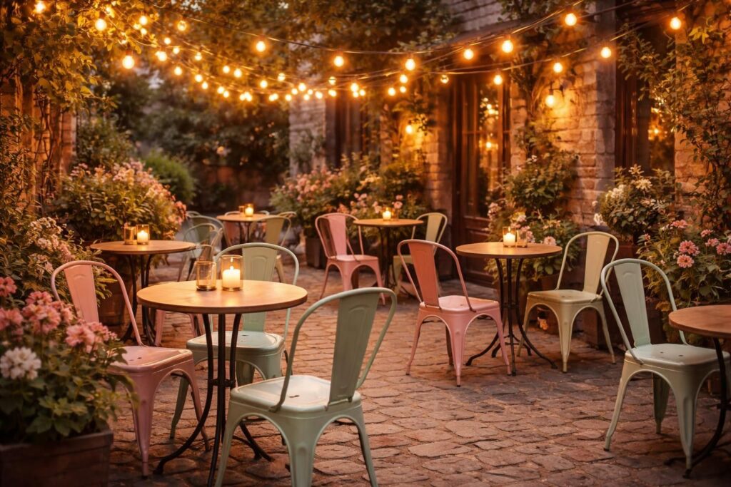 découvrez une terrasse romantique décorée avec des guirlandes guinguette et un mobilier bistrot tolix, idéale pour des moments chaleureux et conviviaux en plein air.