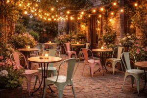 découvrez une terrasse romantique décorée avec des guirlandes guinguette et un mobilier bistrot tolix, idéale pour des moments chaleureux et conviviaux en plein air.